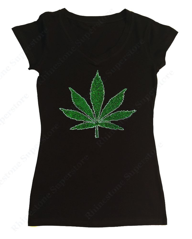 Womens Rhinestone T-shirt ” Marijuana Leaf ” in S, M, L, 1X, 2X, 3X
