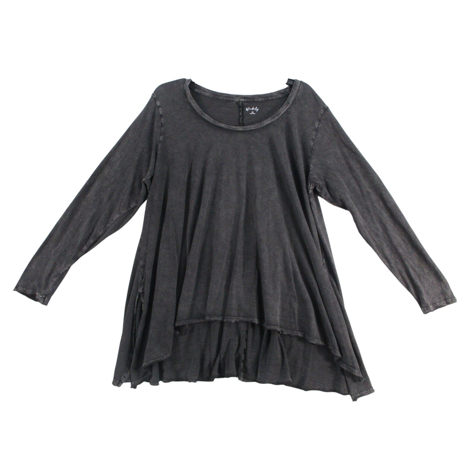 Wonderly Womens 1X Charcoal Gray Acid Wash Long Sleeve High Low Swing Tunic Top