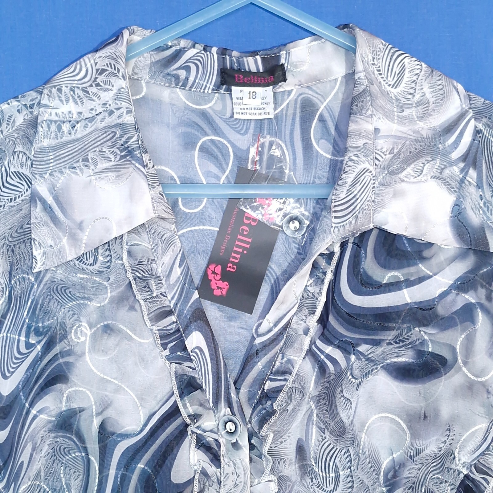 Bellina Top Womens 18 Grey & Blue Blouse Sheer Fabric w/ Swirl Pattern Ruffles