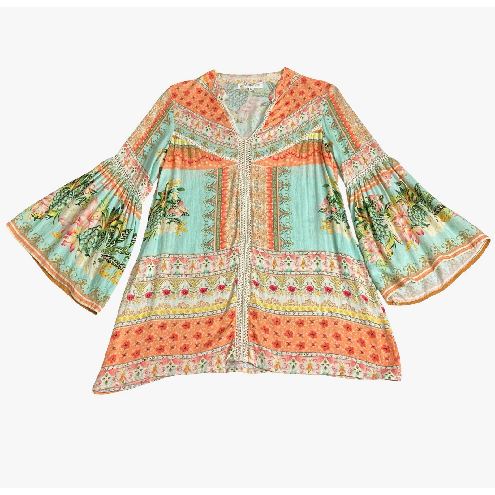 Angel Heart Boutique Tunic Top Womens M Tropical Floral Print Bell Sleeve Boho