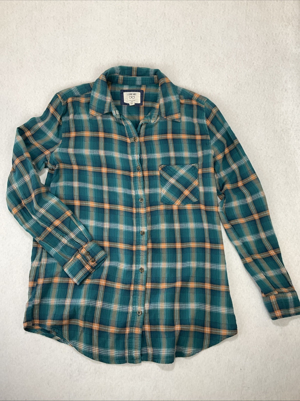I Love H81 Long Sleeve Button Up Teal Plaid Shirt Roll Tab Sleeve Cotton Gorp S