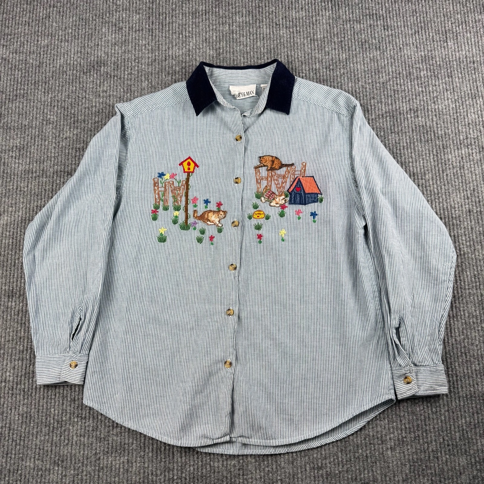 Vtg 90s CASEY & MAX Button Up Shirt Womens M Embroidered Cat Novelty Teacher