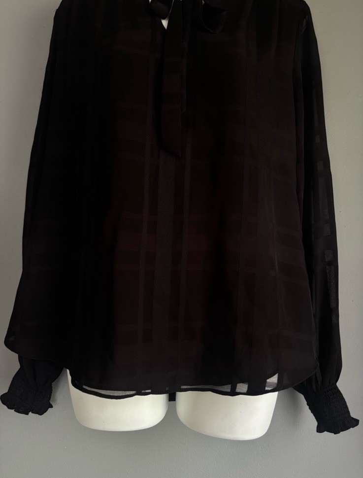 White House Black Market Black Sheer Chiffon V-Neck Bow Tie Blouse Size S