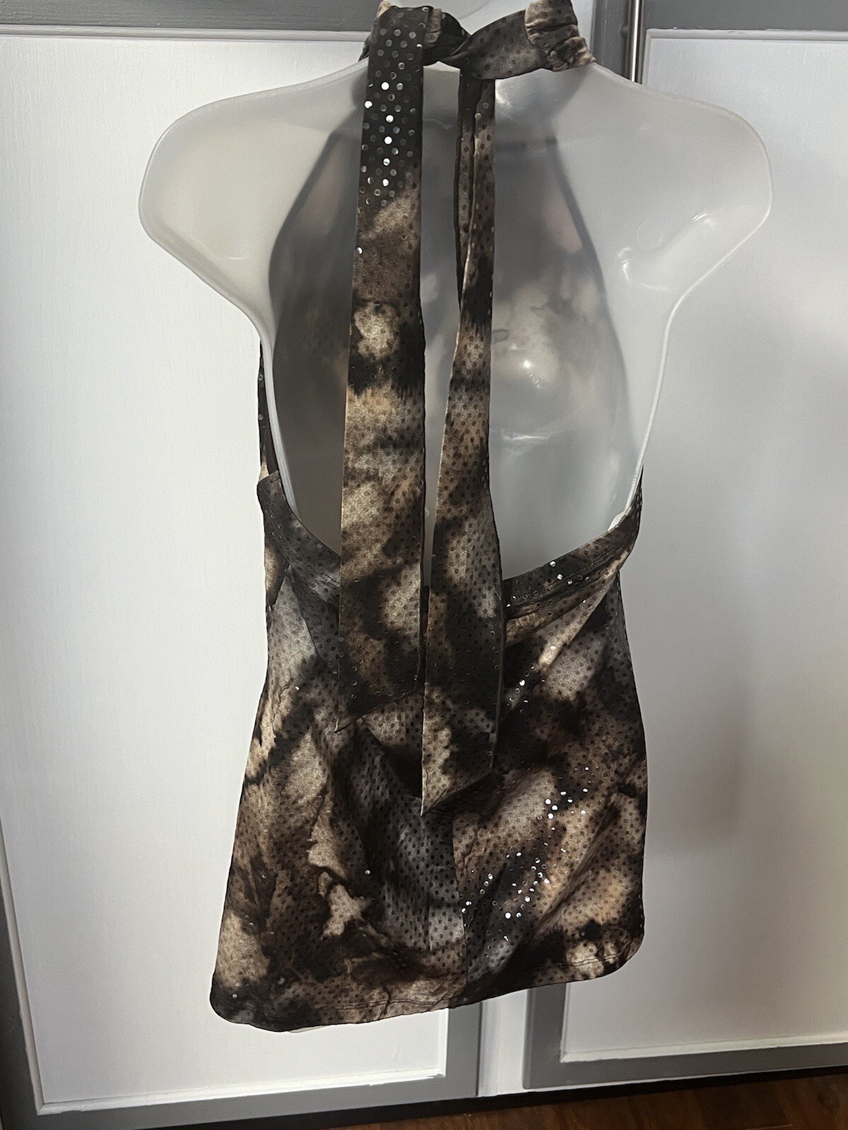 Large Studio Y Sequin Blouse Tie Back Neck, Brown Cream Black, Spilled Ink Print