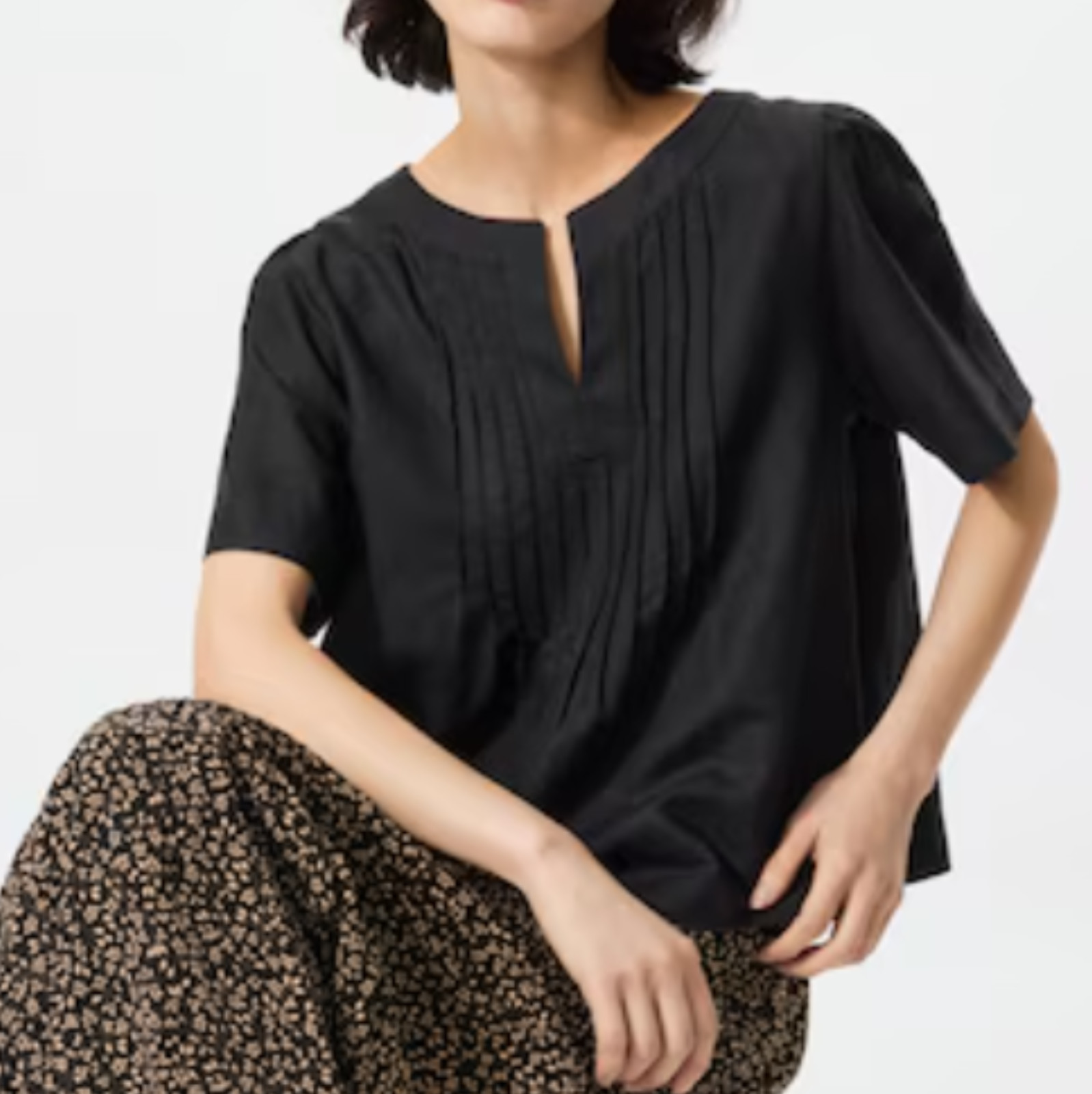 UNIQLO Linen Blend Keyneck Blous Black Brown Cream White XS-3XL Women New Japan