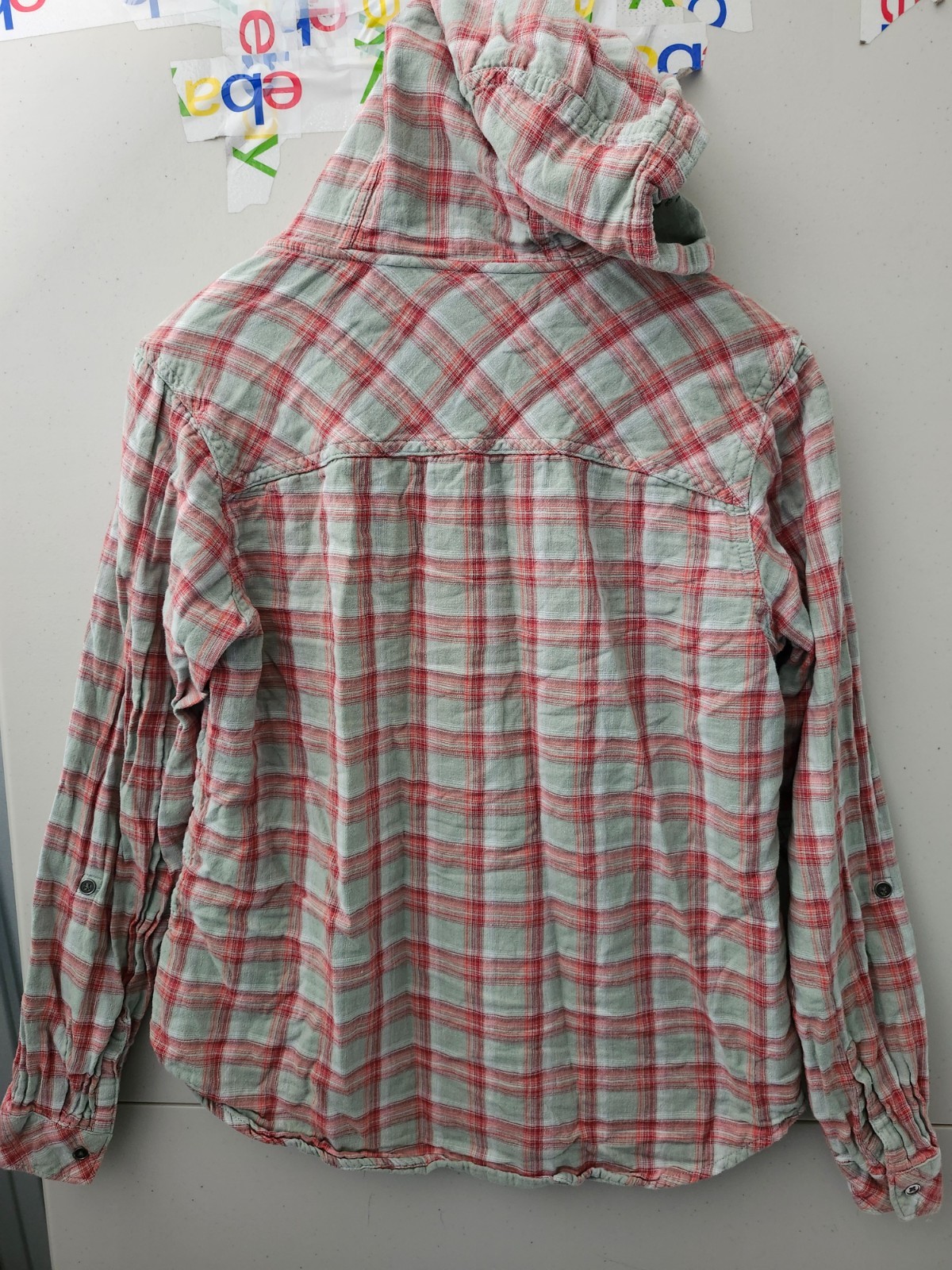 Columbia Top Womens L Red Times Two Button Up Hoodie Plaid Double Knit Outdoor