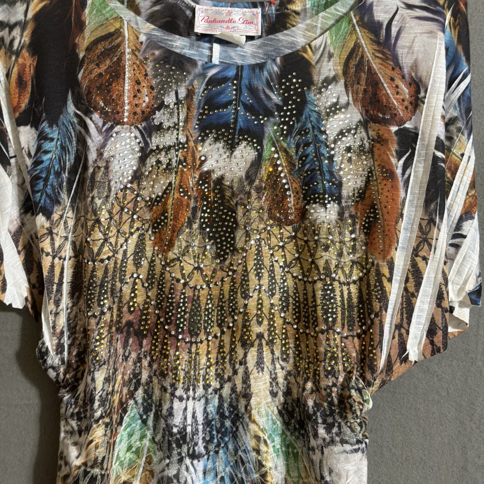 VTG Panhandle Slim Wm’s SZ L Western rhinestone FeatheredPrint Ruched Shirt USA