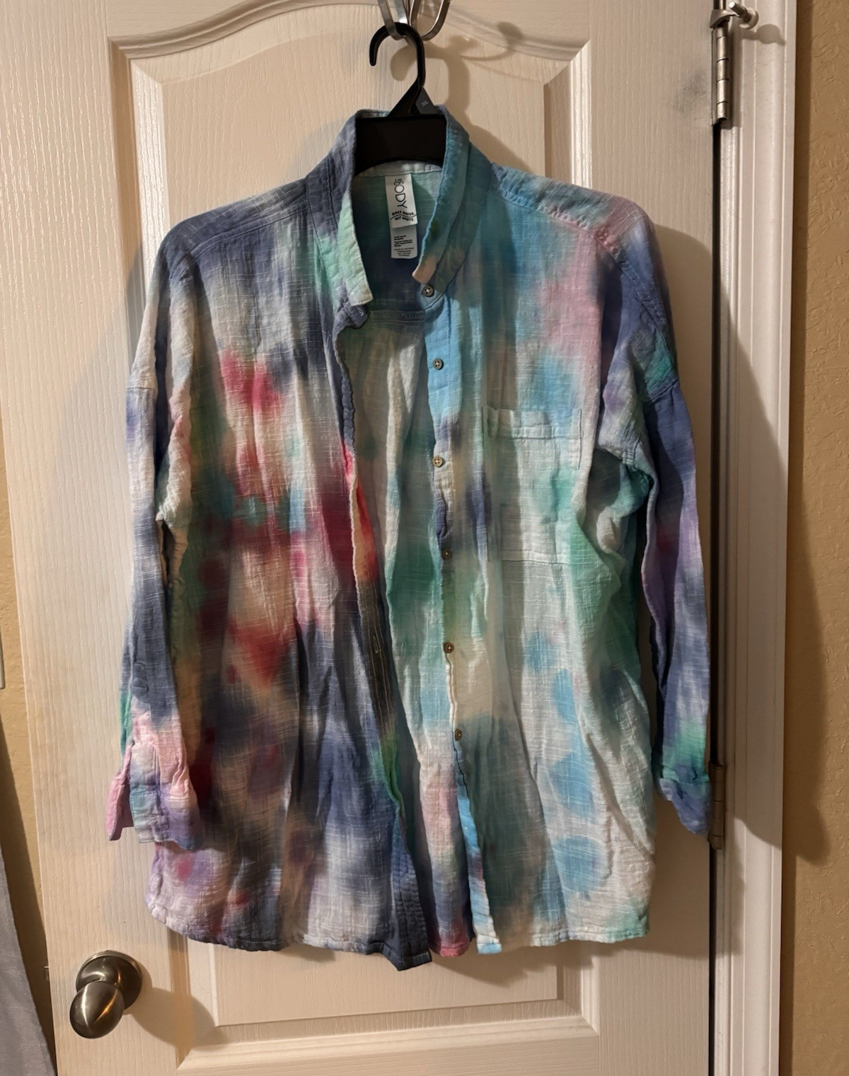 L Tie-Dye Multicolor Woven Cotton Button-Up Long Sleeve Hand dyed Hippie Boho