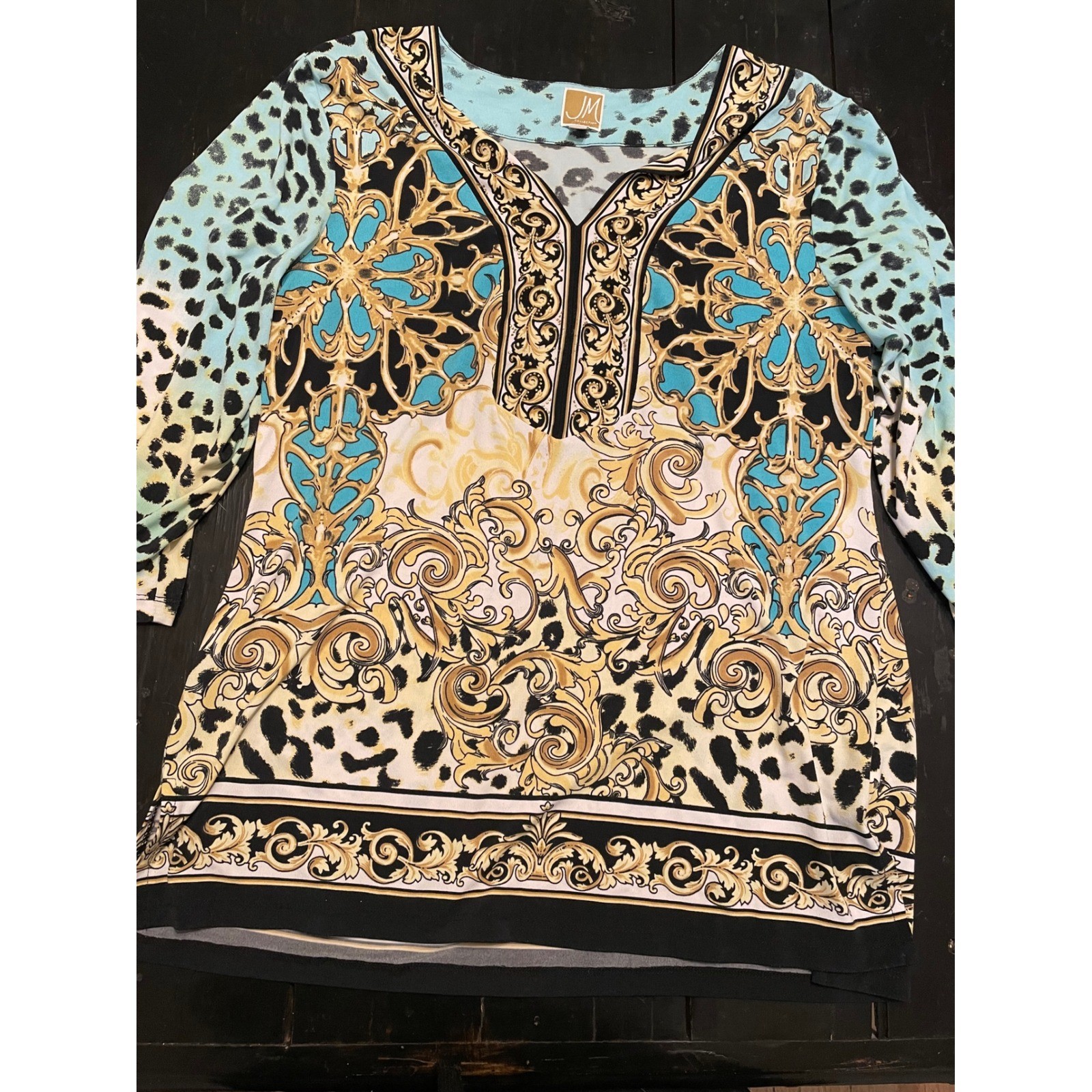 JM Collection Womens Tunic Top Large Turquoise Gold Baroque Leopard Print V-Neck
