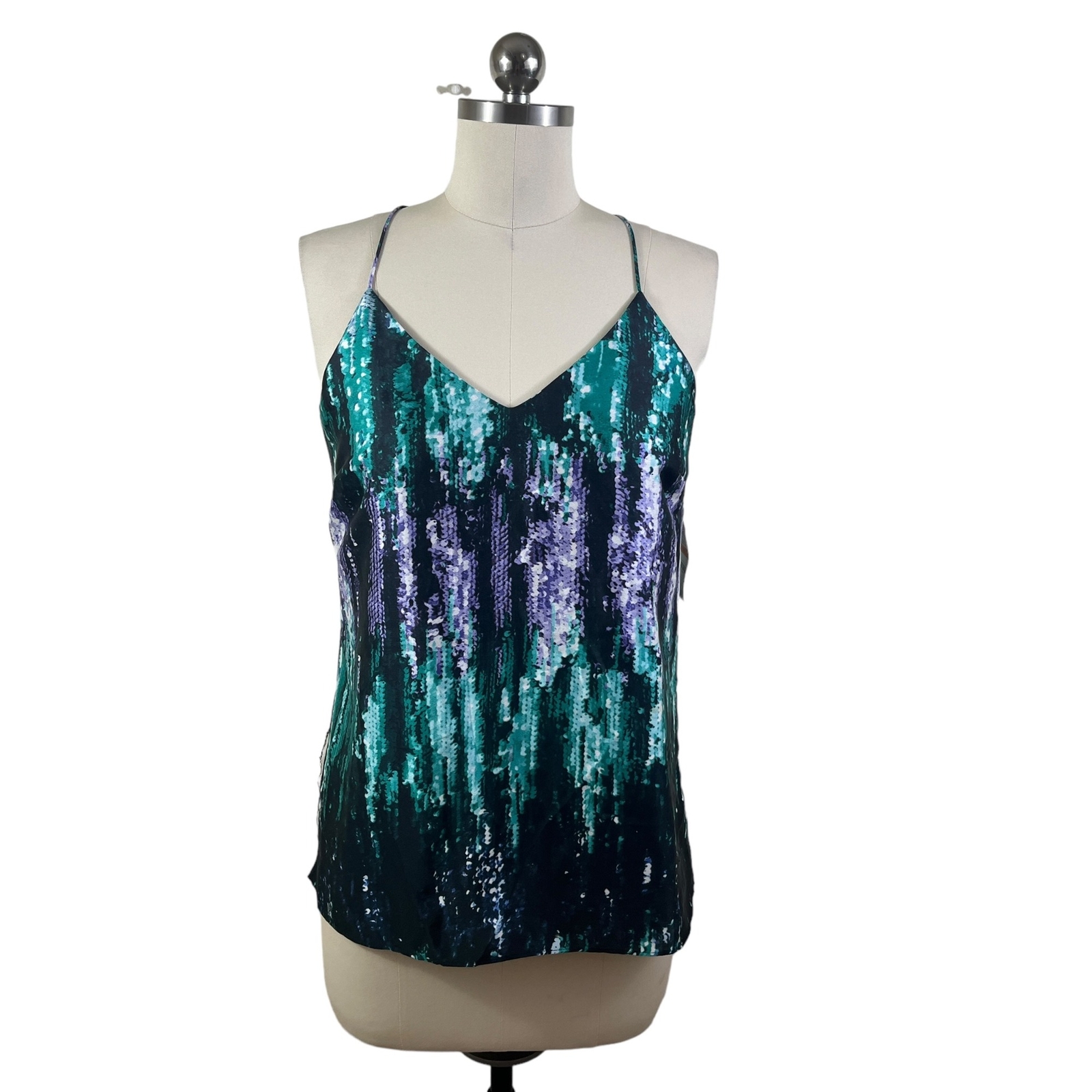 bar III Camisole Top Womens Small NWT Blue Satin Glitter Glamor Disco Artsy Glam