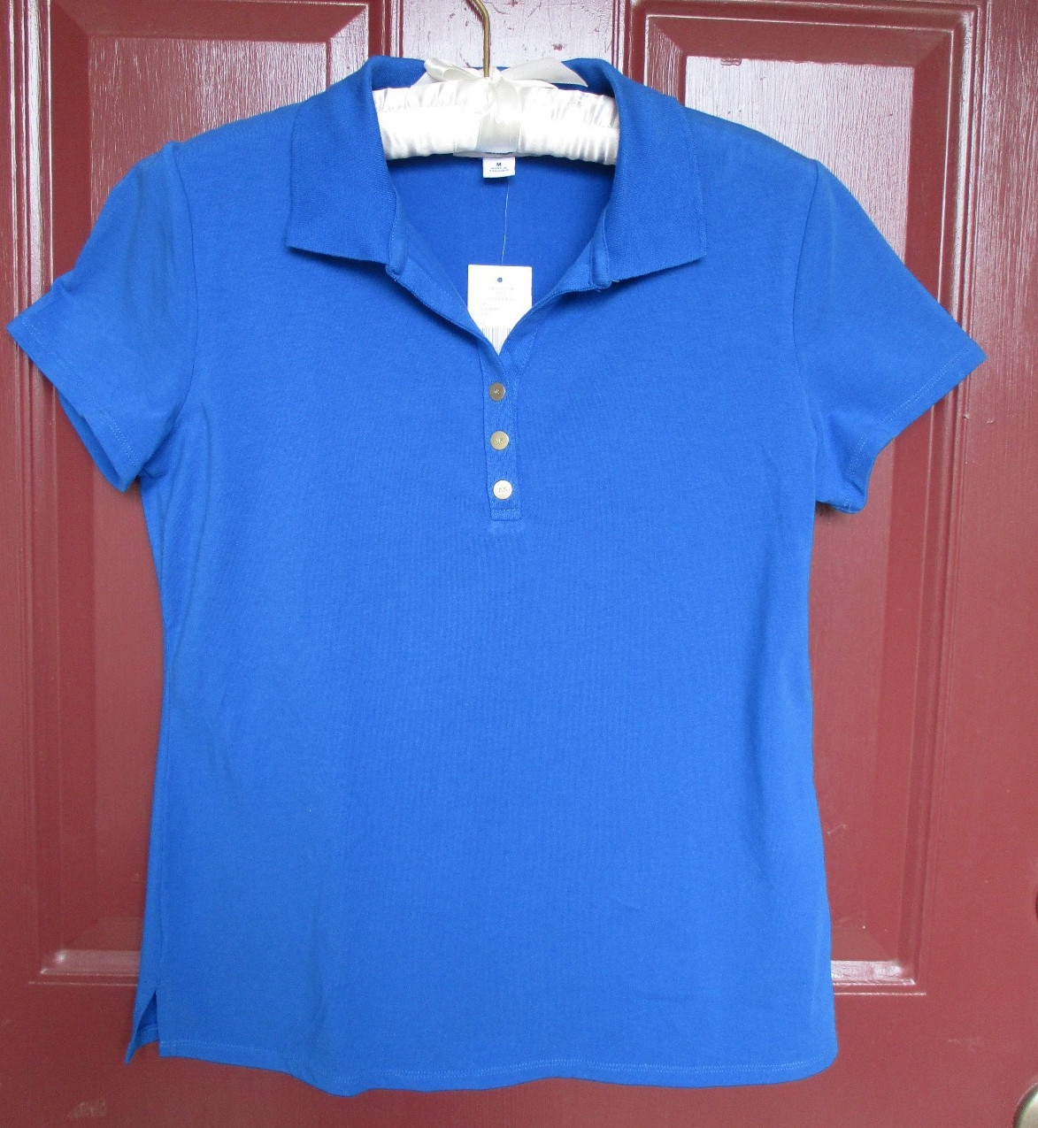 Anne Klein Sport Polo Shirt MEDIUM Victoria Blue Short Sleeve Machine Wash NWT