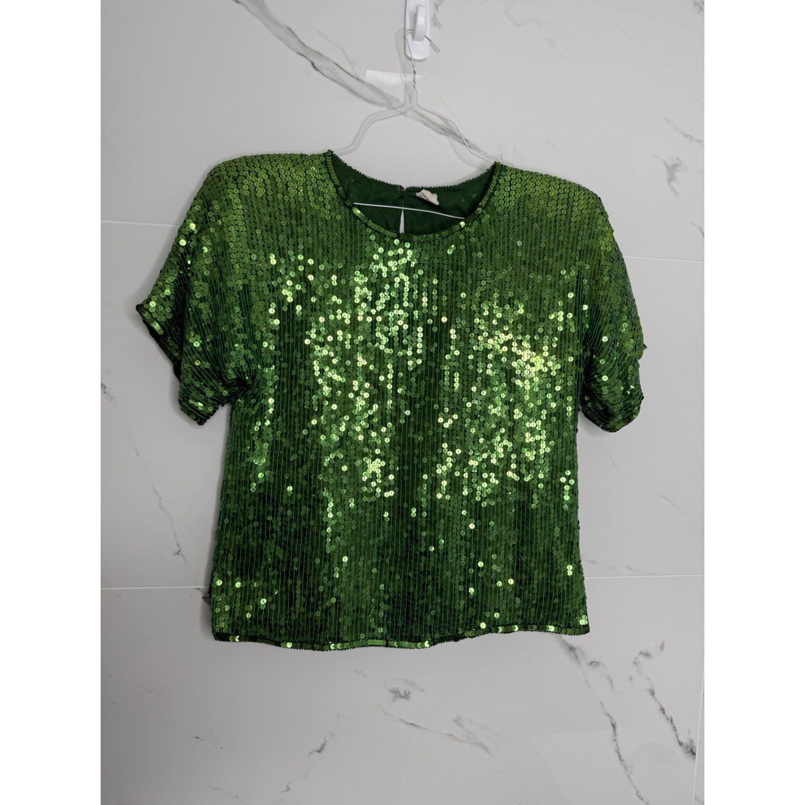 Vintage Silk Green Beaded Sequin Top Size S Petite Party christmas holiday