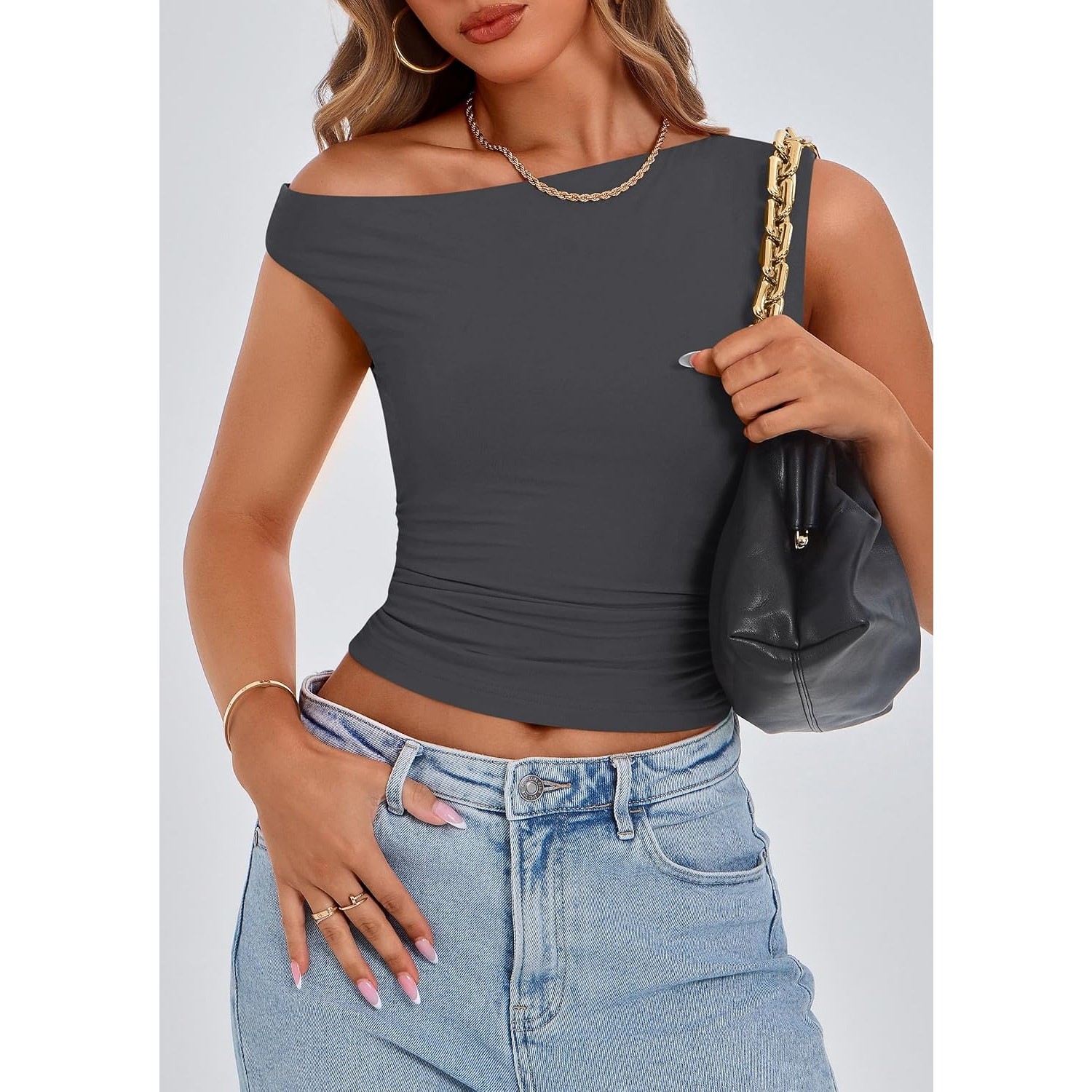 PRETTYGARDEN Women’s Off the Shoulder Crop Top Trendy Casual Fitted Shirt Sz XL