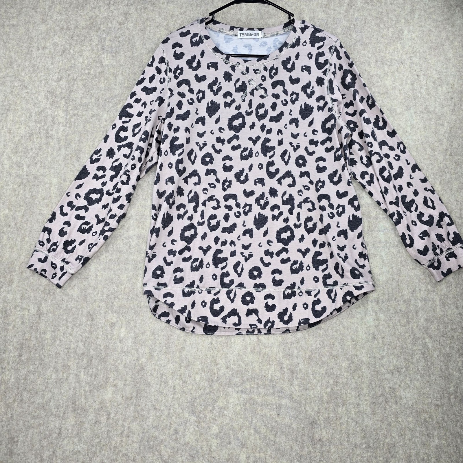 Temofon Womens Leopard Print Long-Sleeve Top Beige Black Soft Stretchy Casual