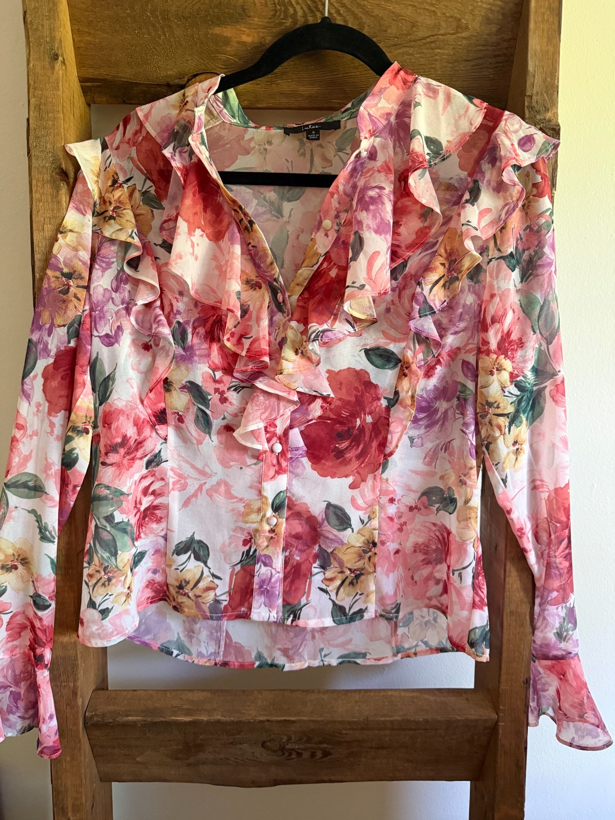 Lulus Floral Top Womens S Office Blouse Flourishing Pink Ruffled Long Sleeve