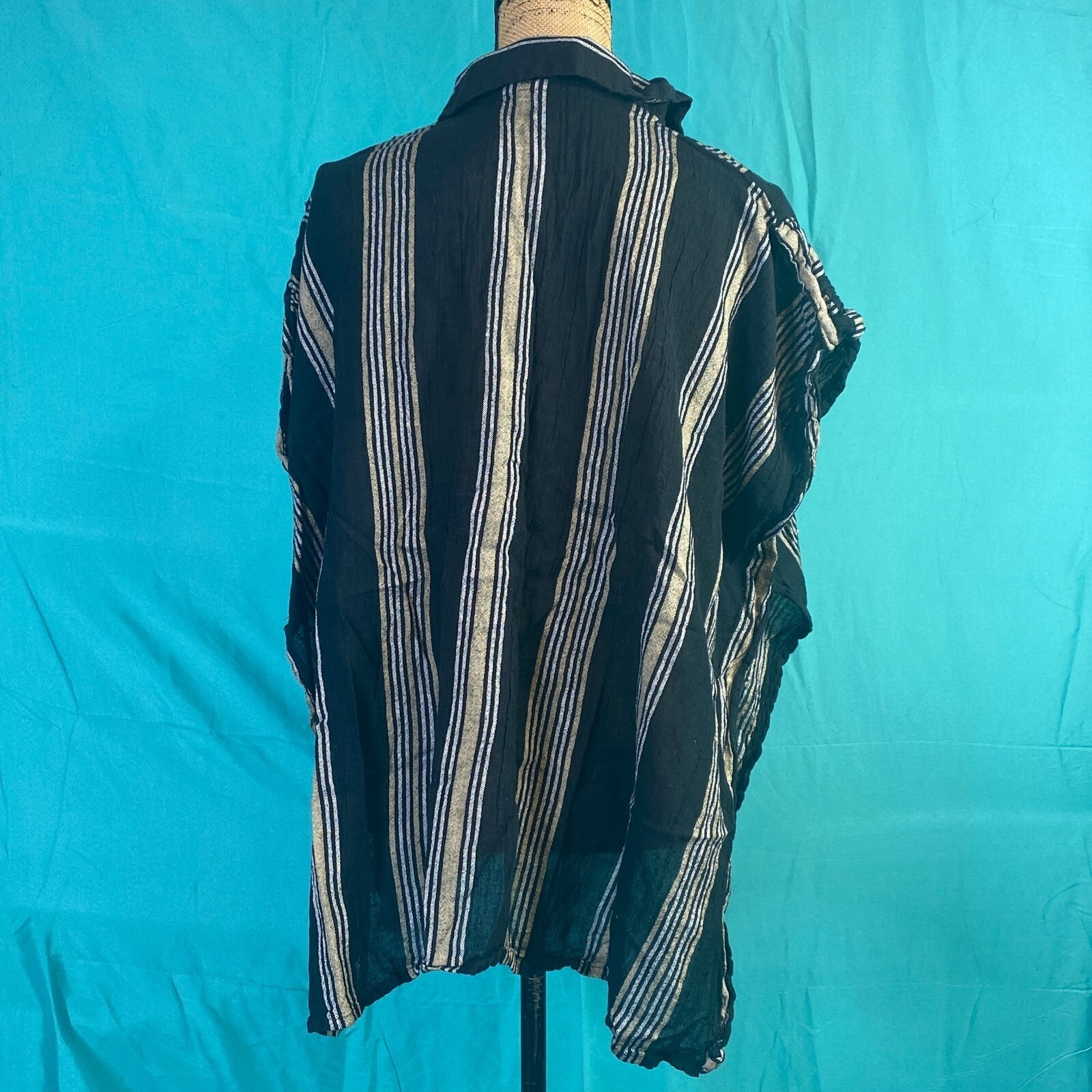 Accessory St New York Women Black Striped Cotton Poncho Top One Size Boho Gauze