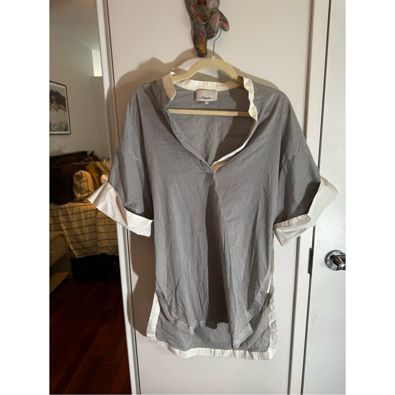 3.1 Phillip Lim Blue Gray Pinstripe Tunic with White Trim