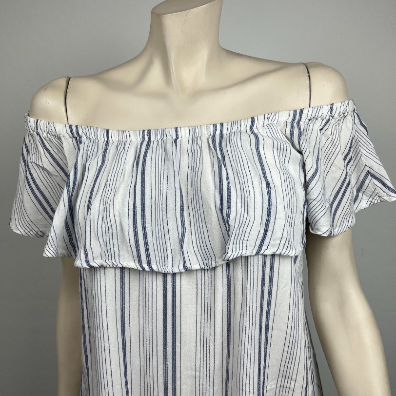 Luxe Denim Essentials LED Medium Maternity Blouse Blue Striped Off Shoulder