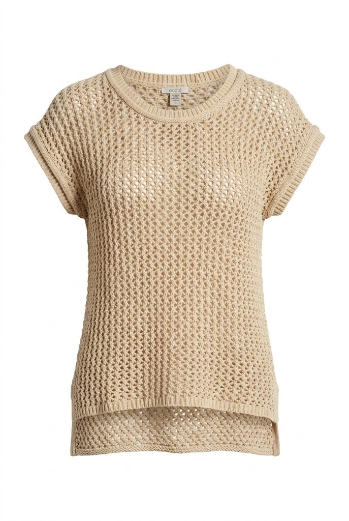 Boho Crochet Knit Top Small Beige Open Mesh Sweater Vest Cottagecore Coastal