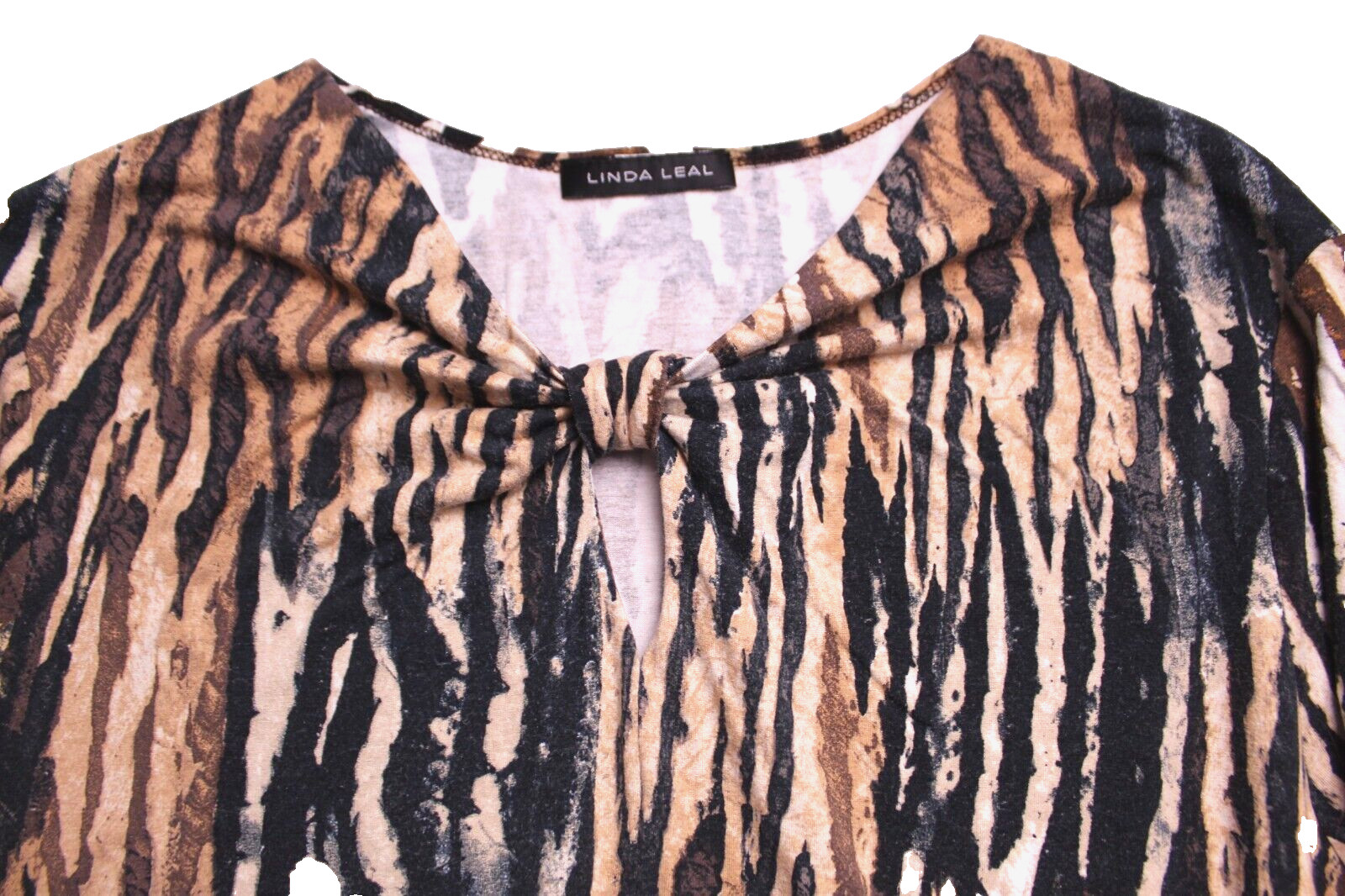 LINDA LEAL KNIT SHIRT ladies size 1X beige black brown stripe 3/4 sleeve stretch