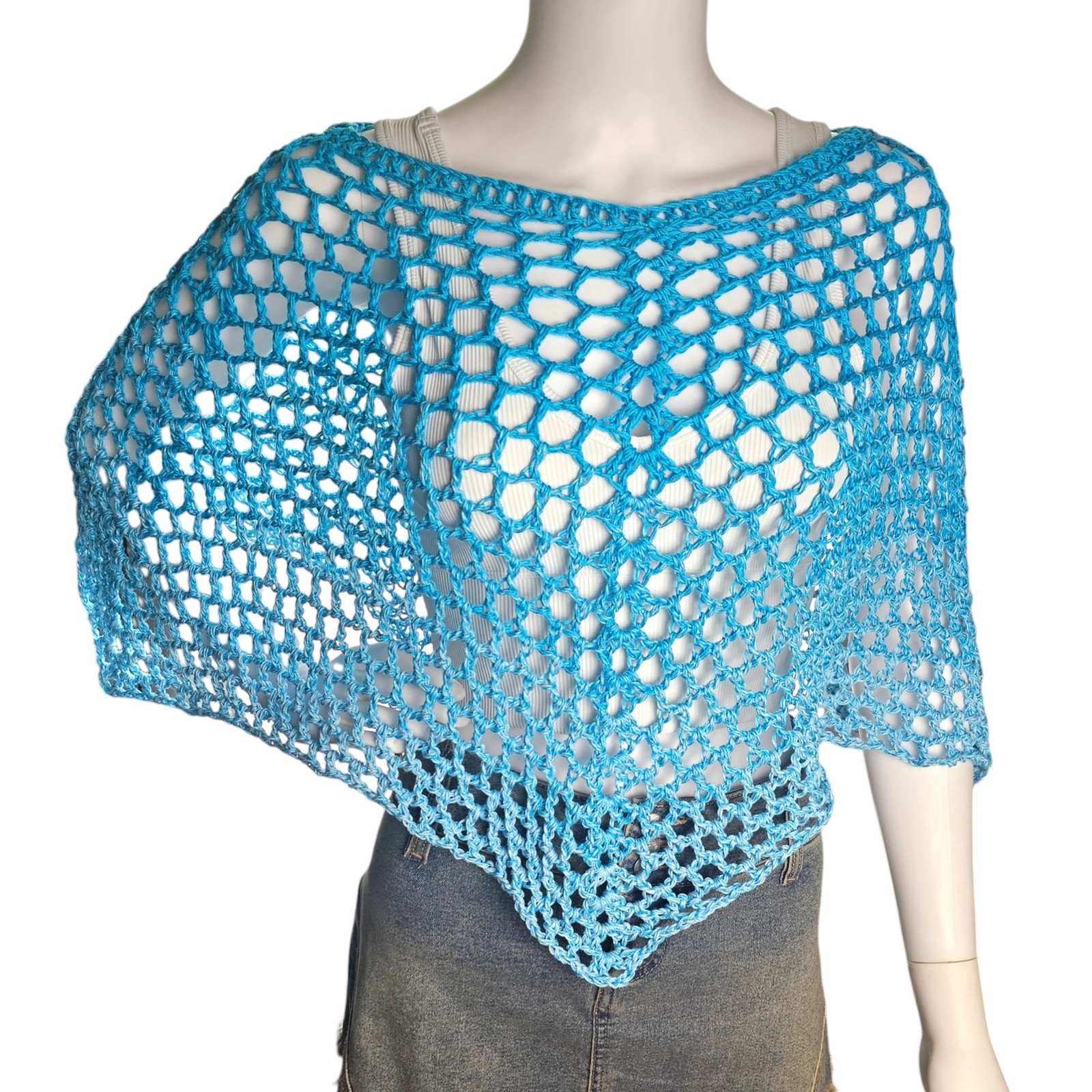 Handmade Crochet Shawl Women Teal Ombre Cotton Boho Poncho