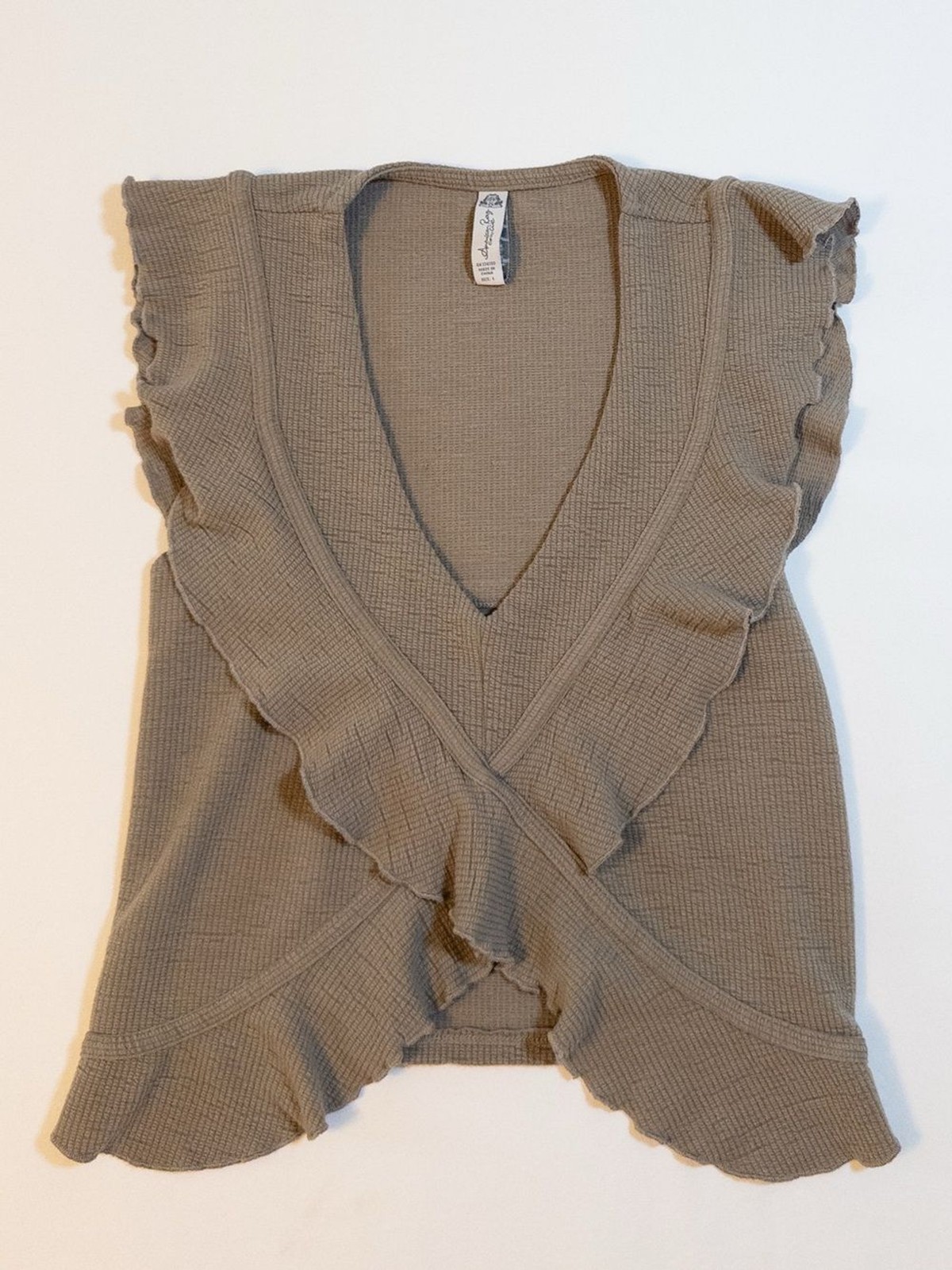American Rag Olive Green Ruffle Crop Top Cutout Tie Back Size Large