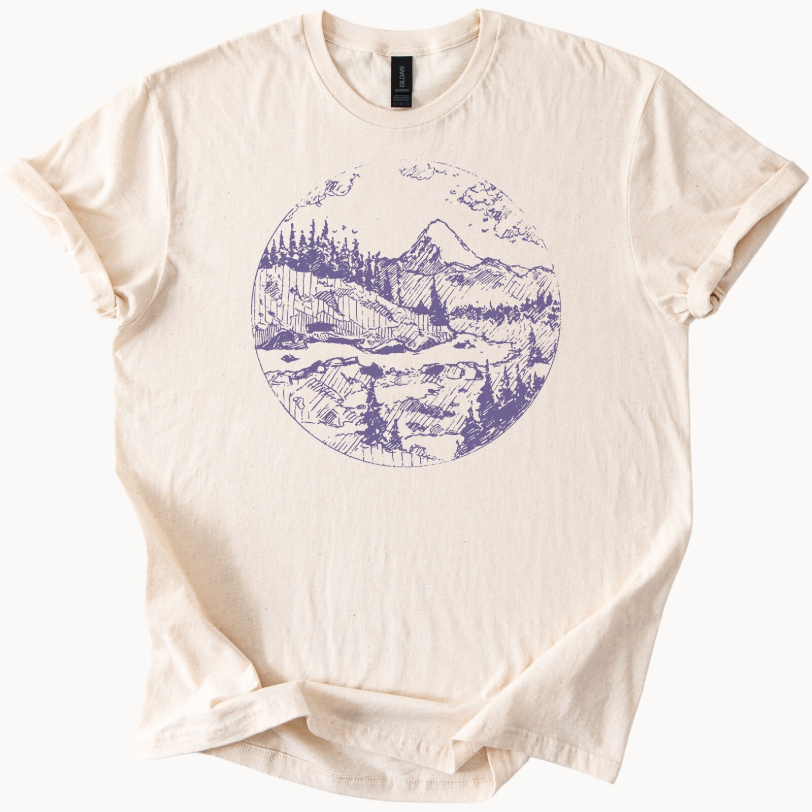 Mountain sketch forest art tee with nature scene and hiking trail design
