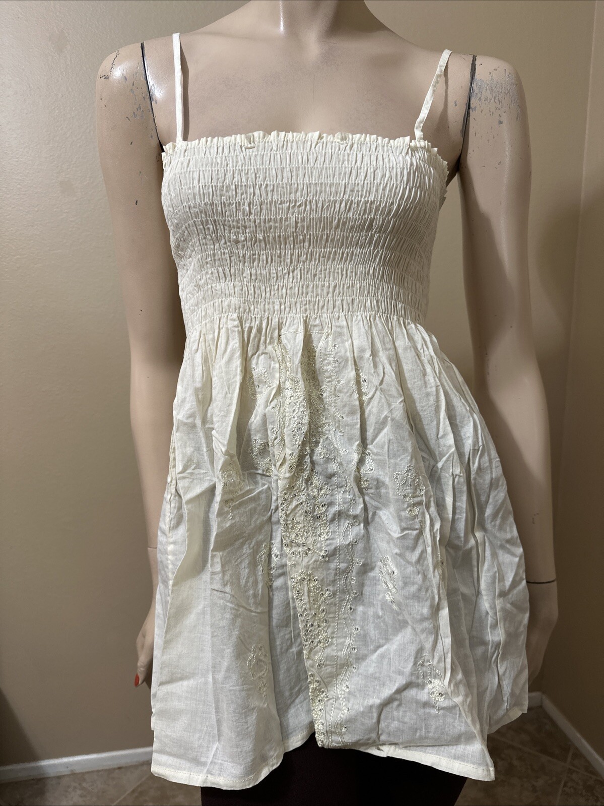 Women’s Ivory Cotton Casual Open Stretch Beaded Embroidered Size L Blouse Top