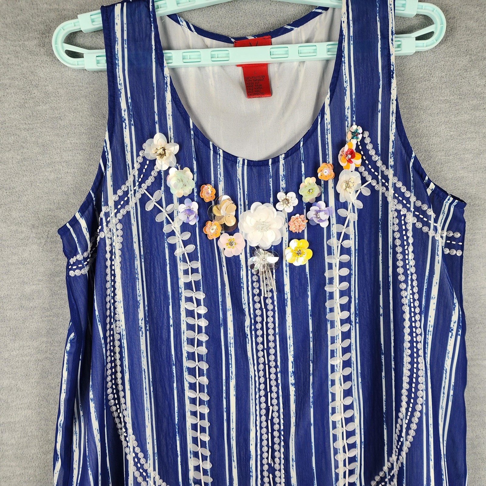 V Cristina Tank Top Womens L Blue Stripe Beaded Sequin Scoop Neck Tunic Lined