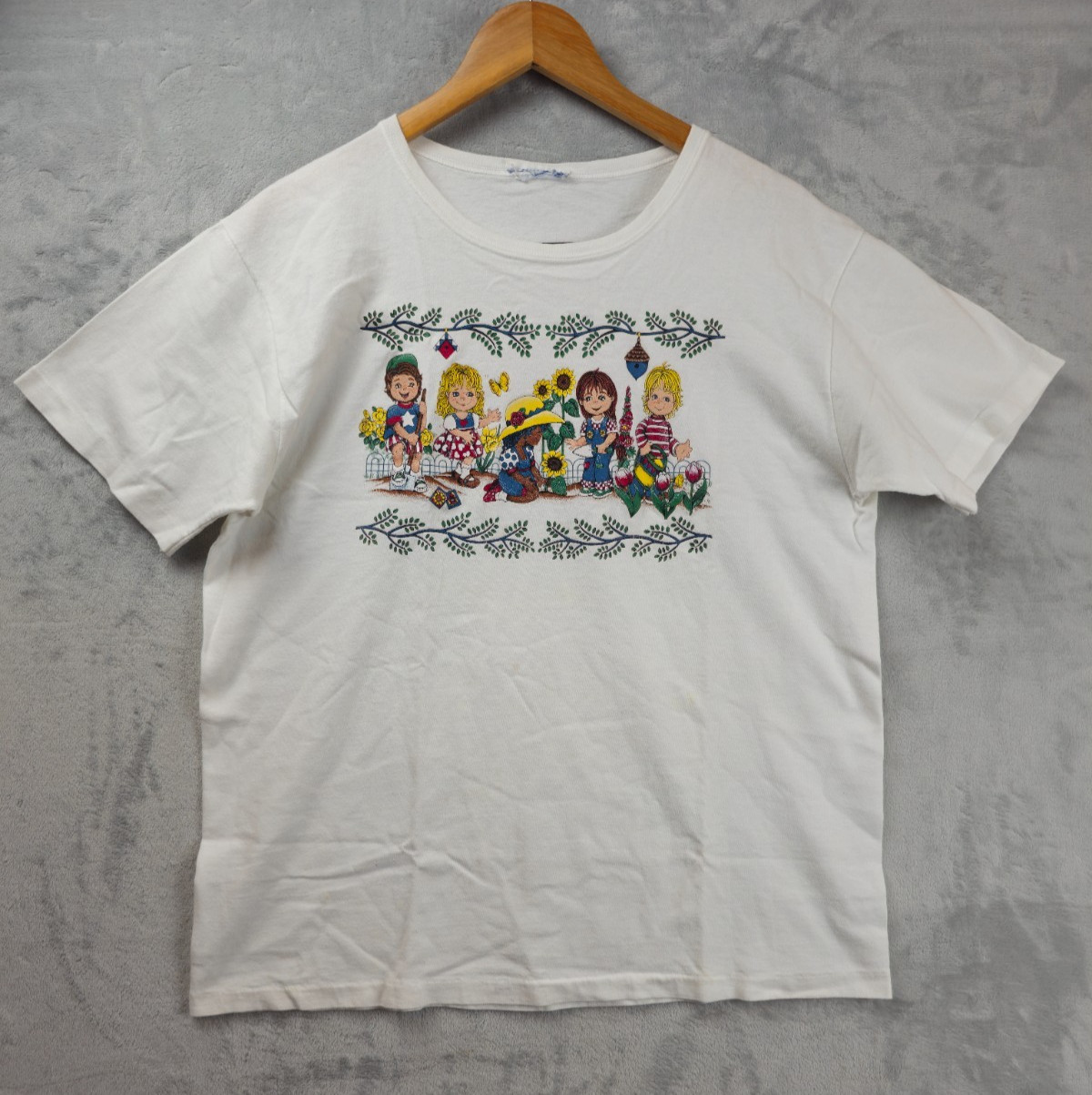 90s VINTAGE Children Flower Garden Sunflower T Shirt XL TEE White Medium