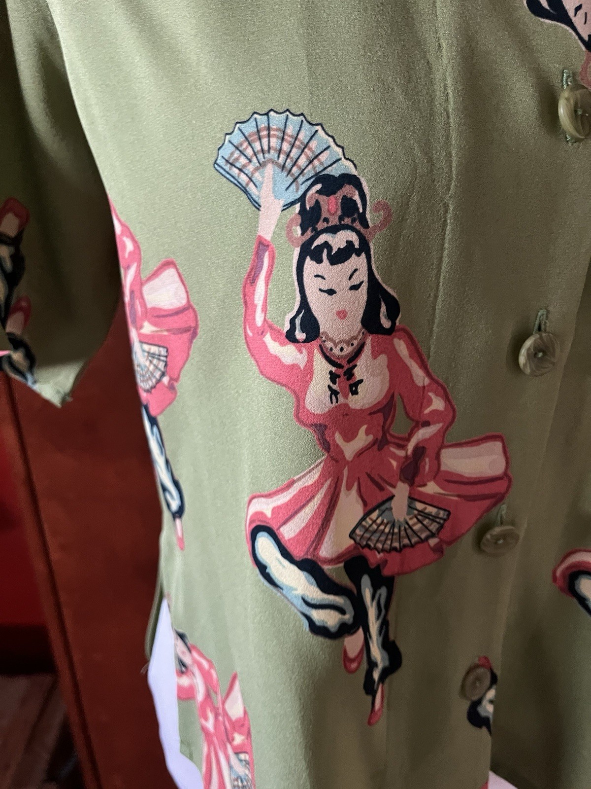Harari Blouse Top Womens Small 100% Silk Asian Japanese Art To Wear “Fan Dancer”
