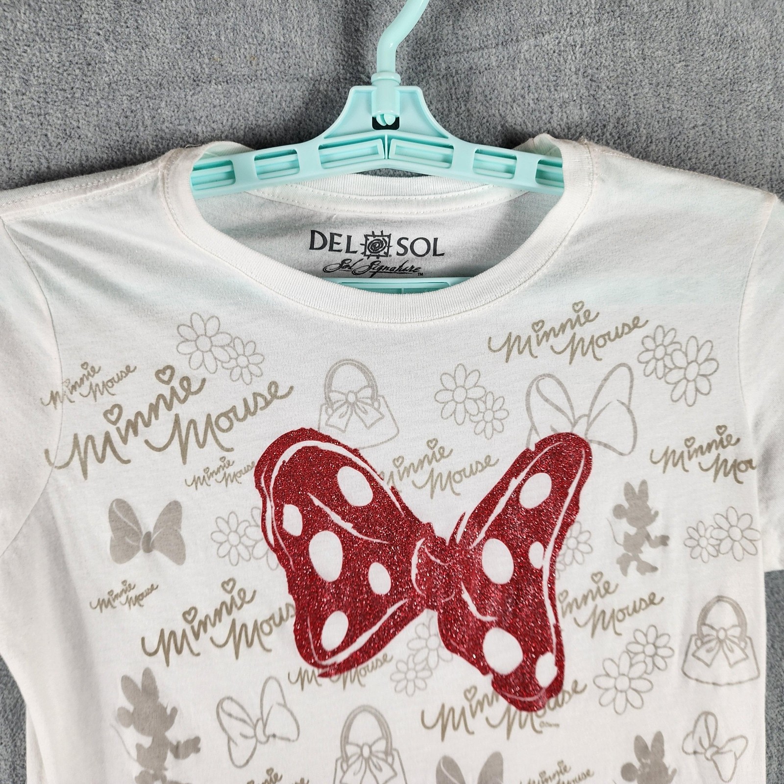 Disney Graphic Perfect Tee Shirt Women Medium White Minnie Mouse Glitter Bow