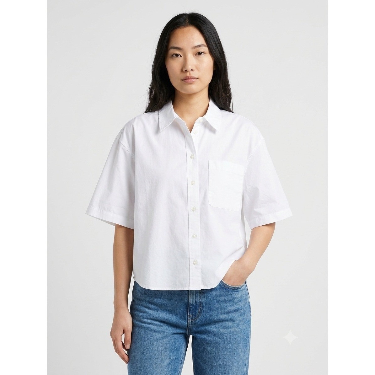 Madewell Top XL White Straight Hem Short Sleeve Shirt in Poplin Button NZ454