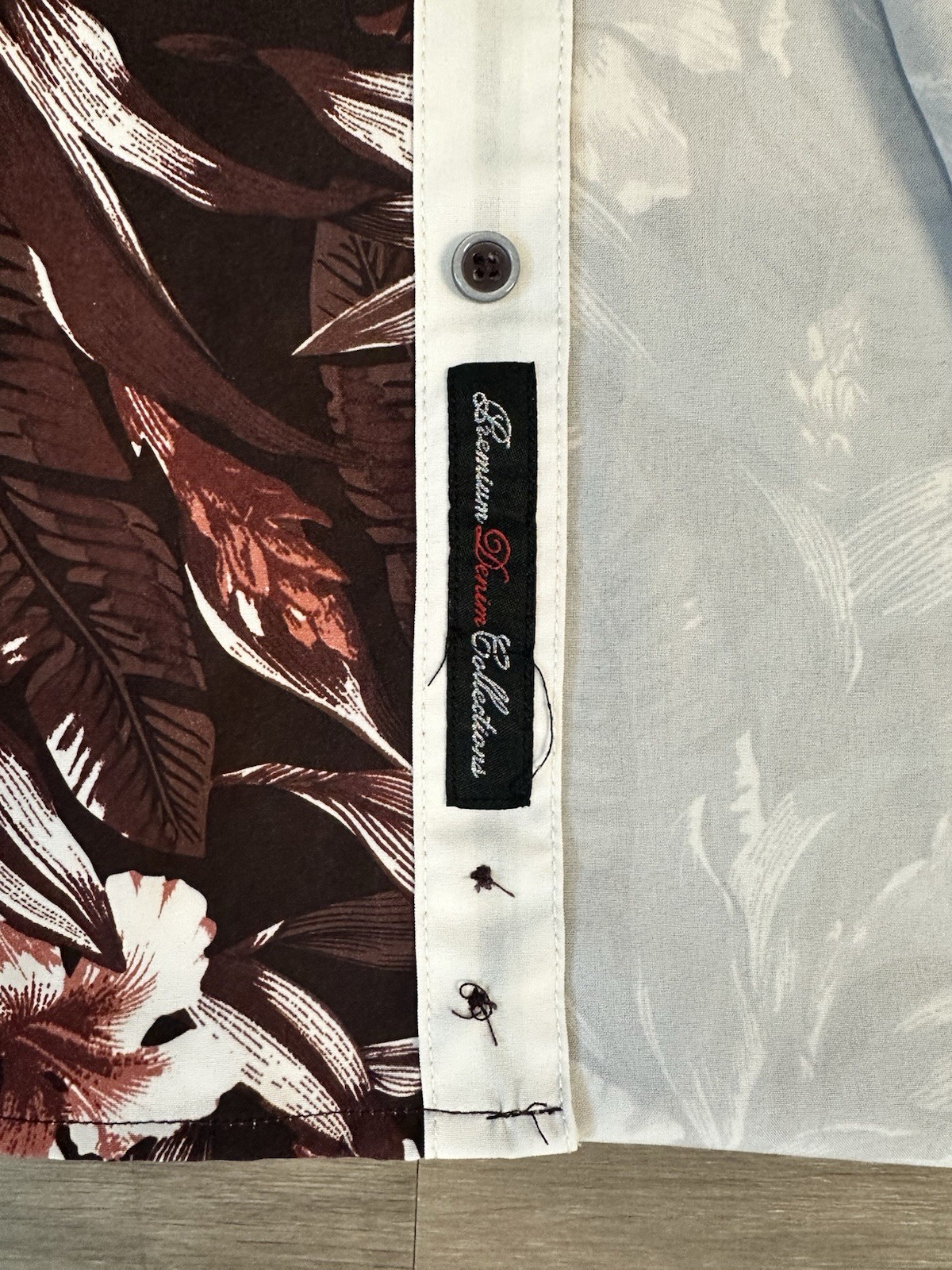 Denim brown floral button up shirt with white and pink flowers and leaves size m