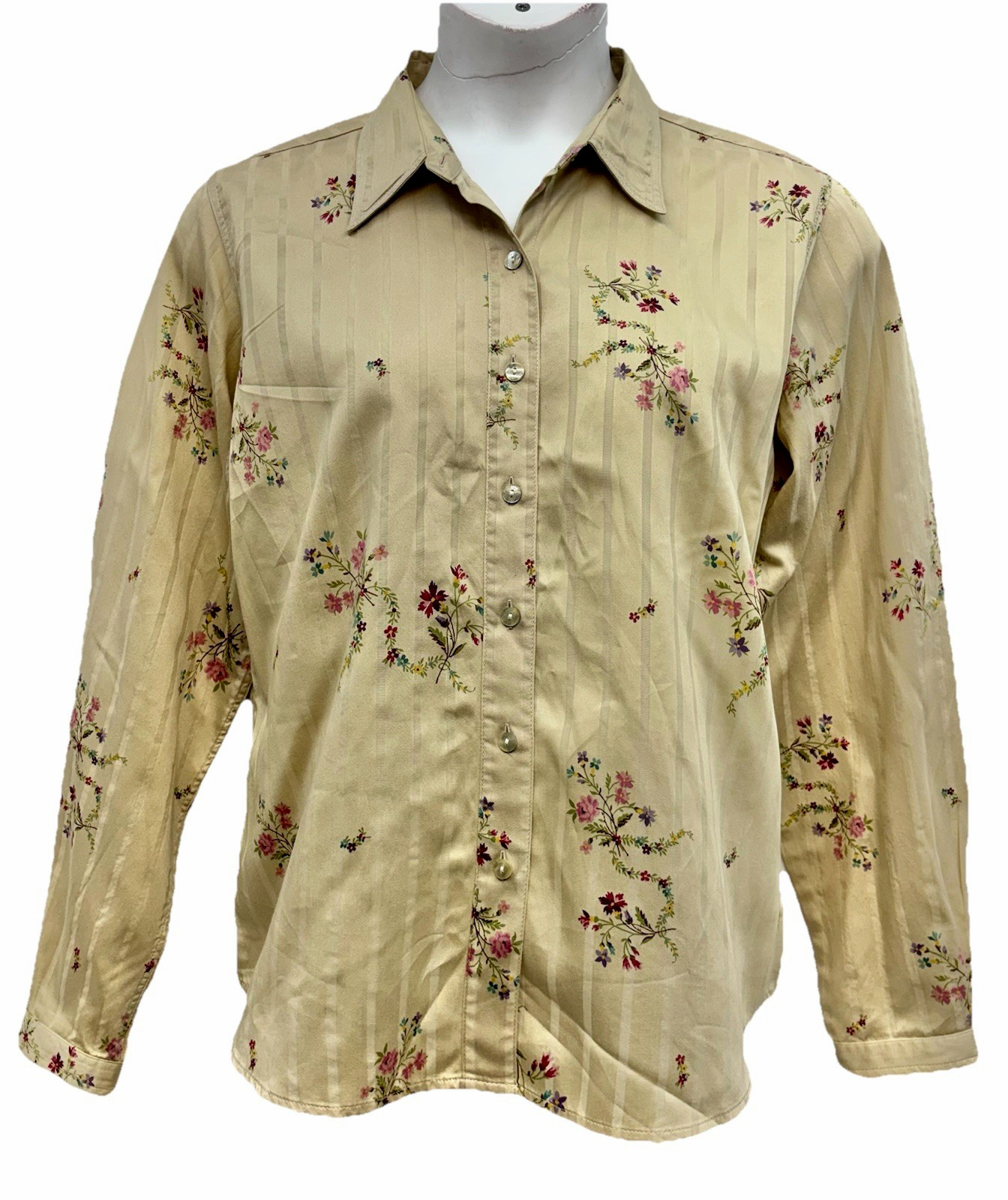 Liz Claiborne Lizwear Jeans Size L Button-Up Long Sleeve Top Tan Striped Floral