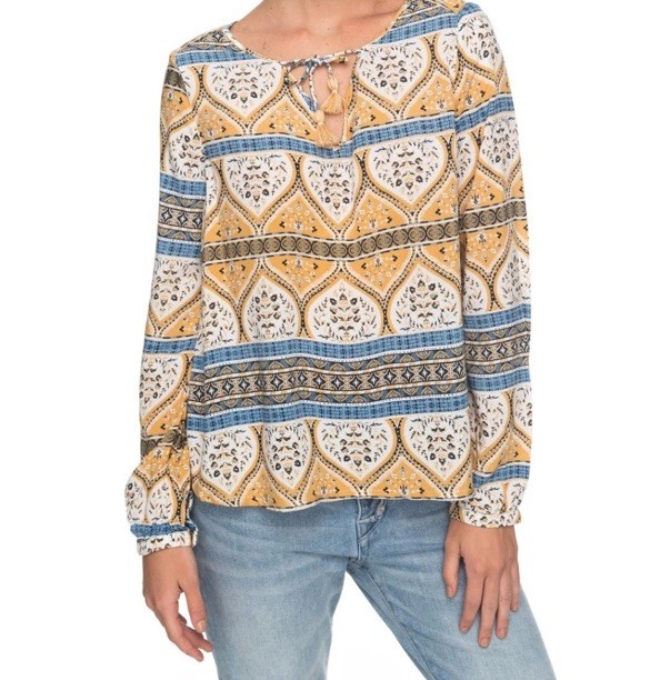 ROXY Everybody Up Floral Boho Blouse Yellow Blue Long Sleeve Scoop Neck Size S