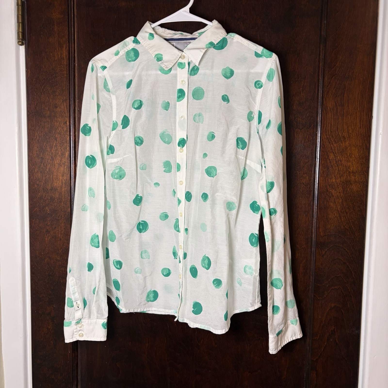 Cotton Silk Blend Women’s Shirt Large Polka Dot Button Up White Green JCP