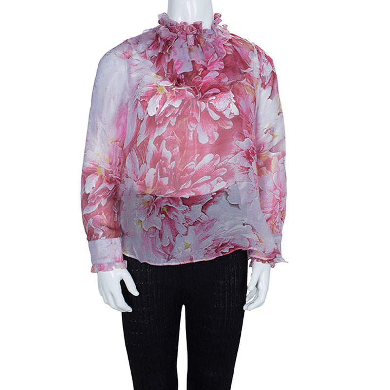 Roberto Cavalli Angels Pink Floral Printed Silk Ruffle Long Sleeve Top 6 Yrs