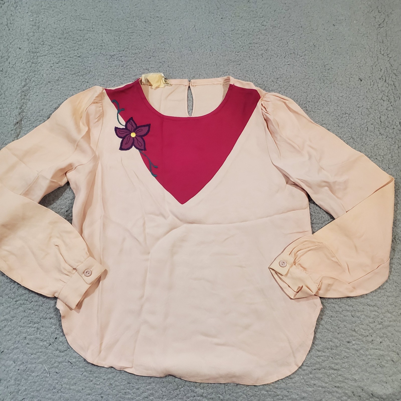 Vintage Phases Top Womens Small Pink Purple Flower Blouse Long Sleeve 70s 80s