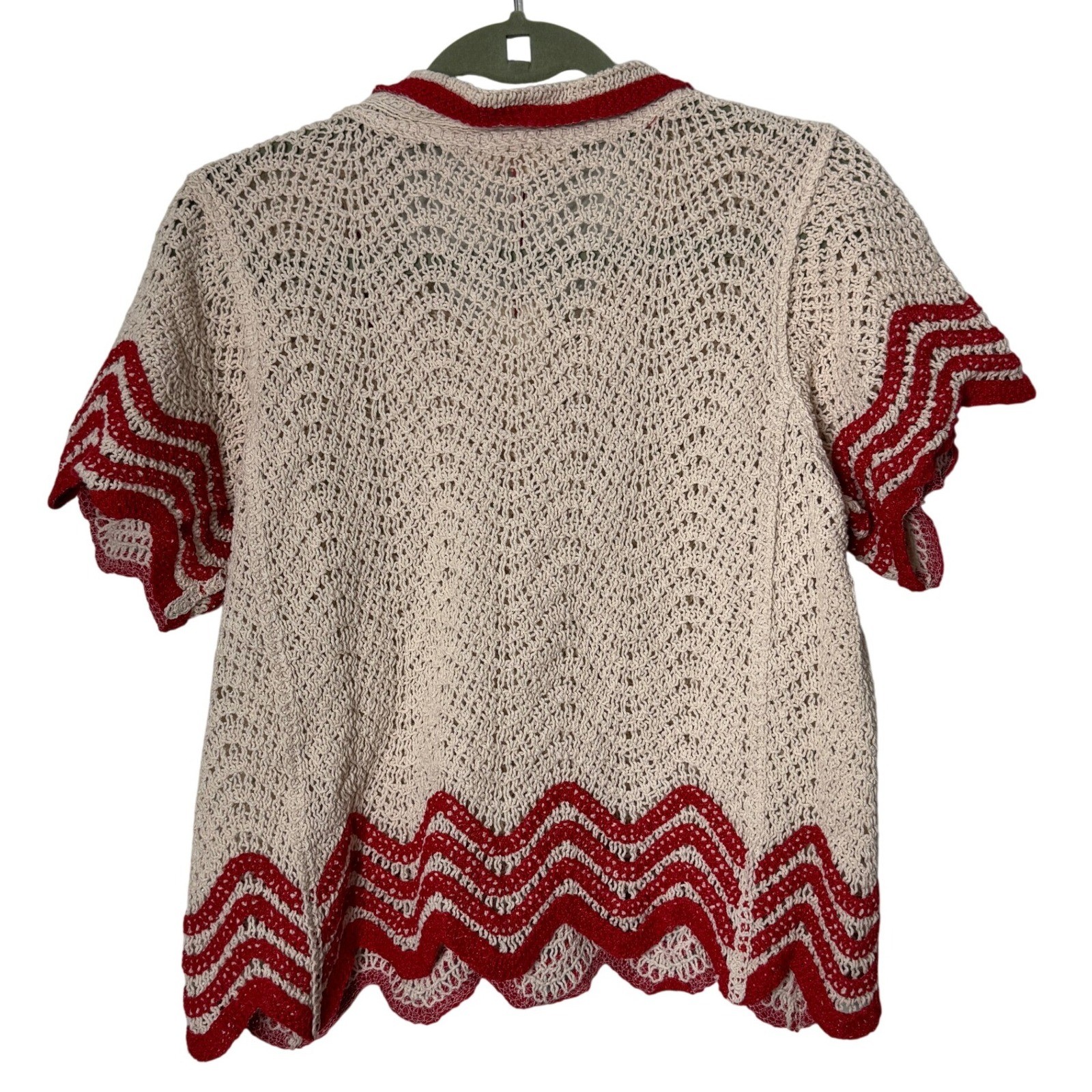 Solitaire Crochet Knit Polo Top Beige Red Chevron Scalloped Hem Womens Large NEW