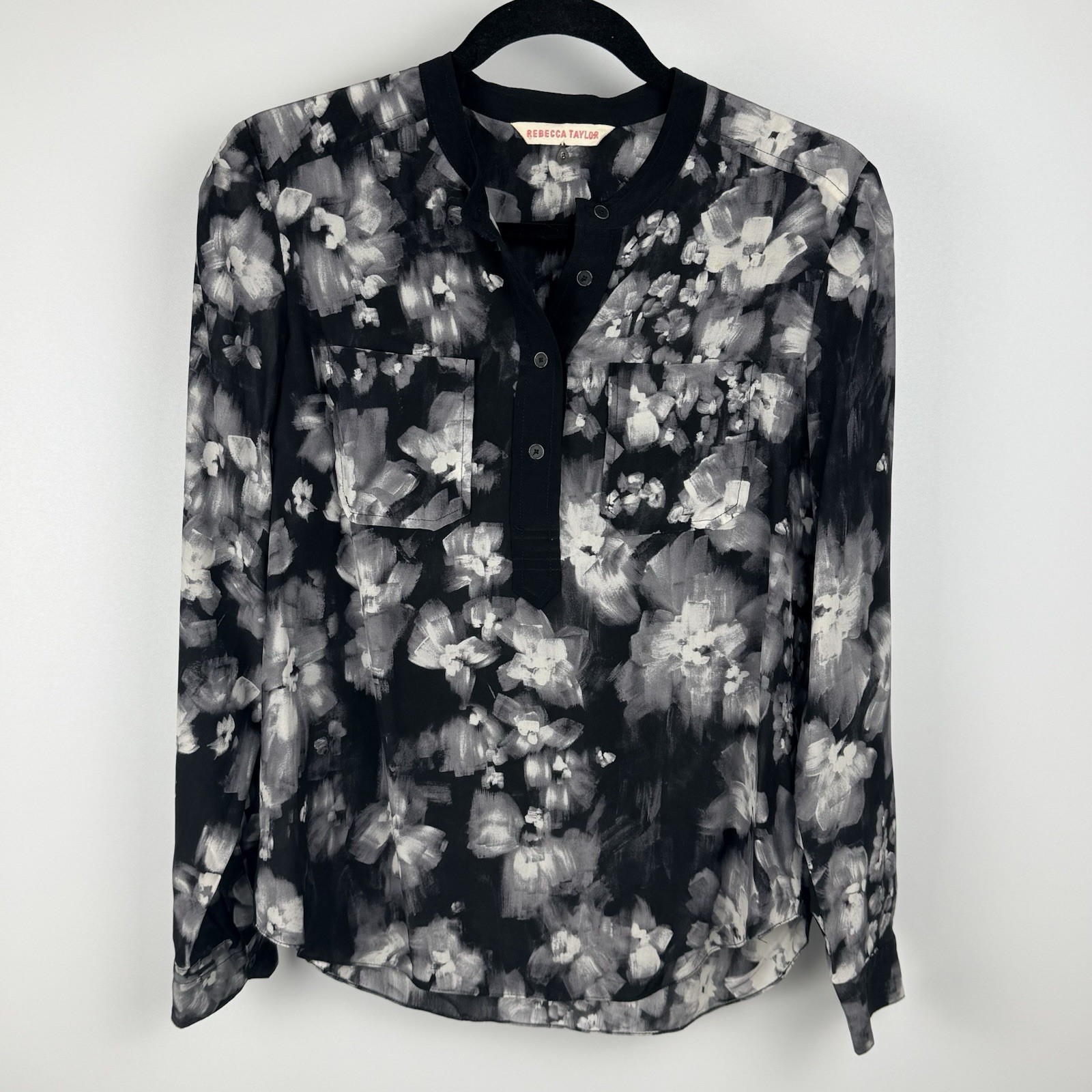 Rebecca Taylor Silk Popover Top 6 Black Floral Henley Button Blouse Whimsigoth