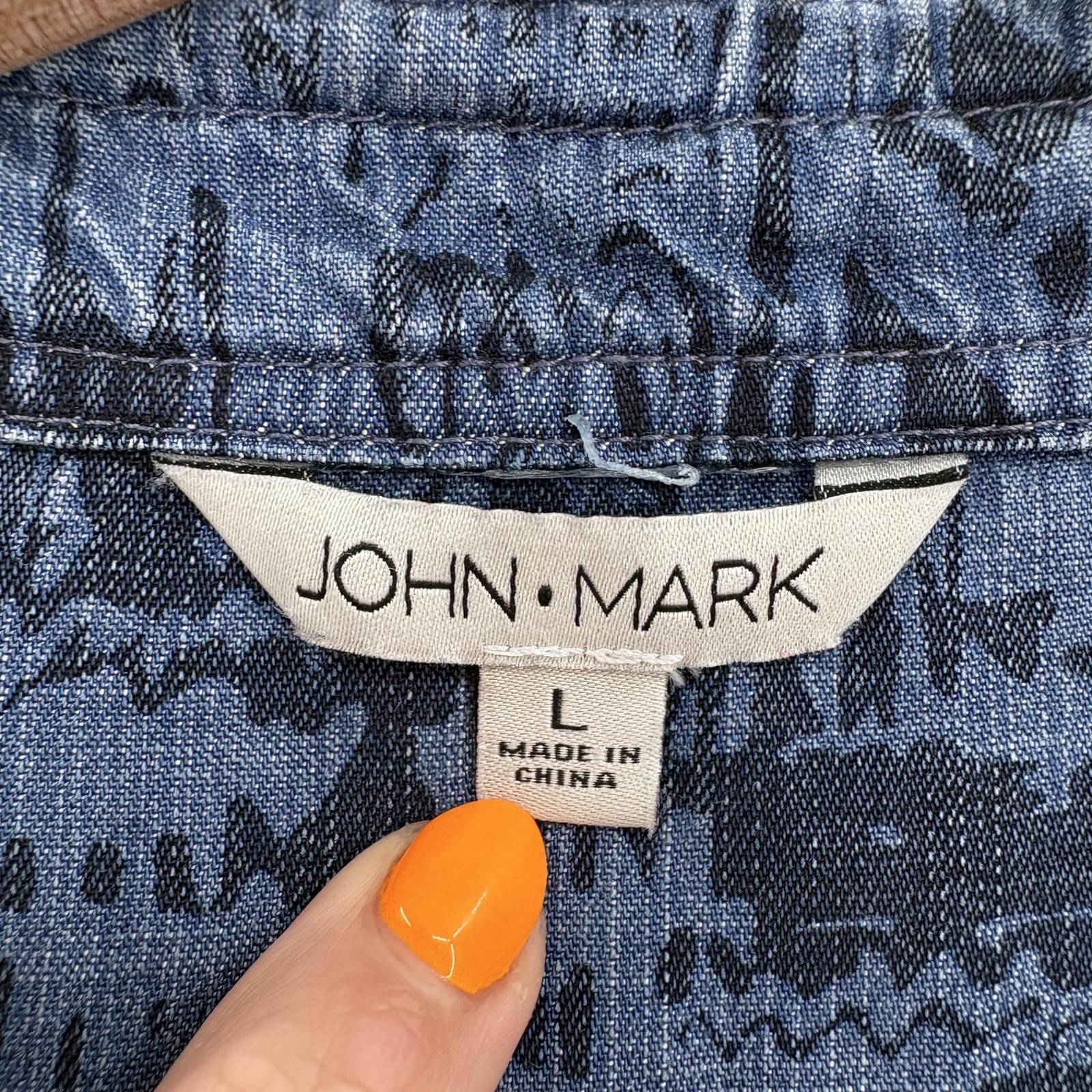 John Mark Blouse Womens Large Blue Lyocell Geometric Print Collared Tunic Top