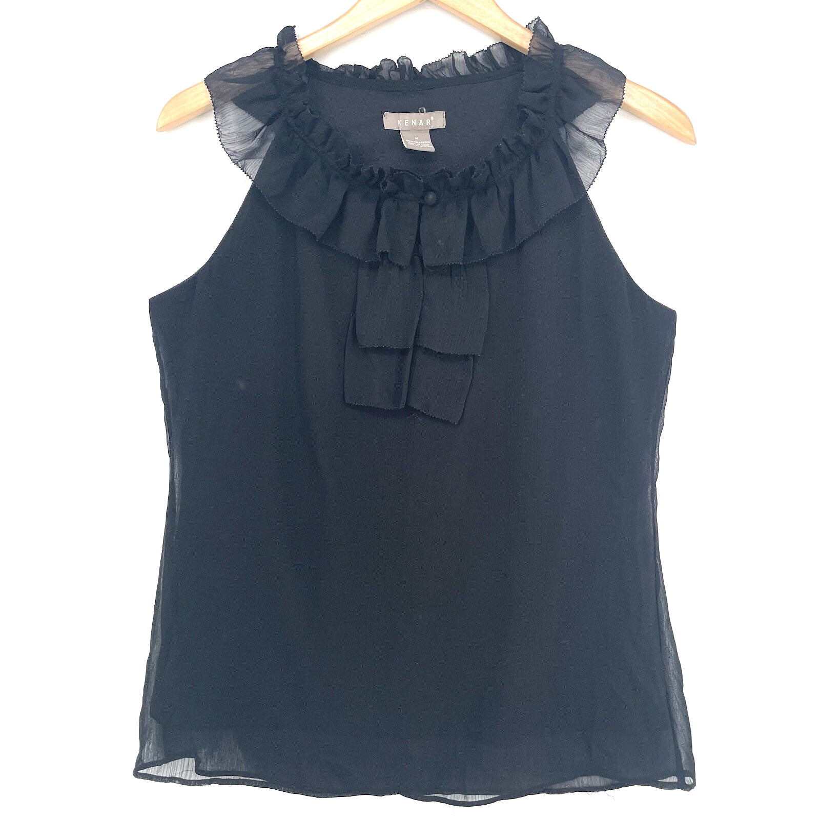 KENAR Dressy Black Silk Ruffled Tank Top Blouse Women’s Size Medium Lightweight