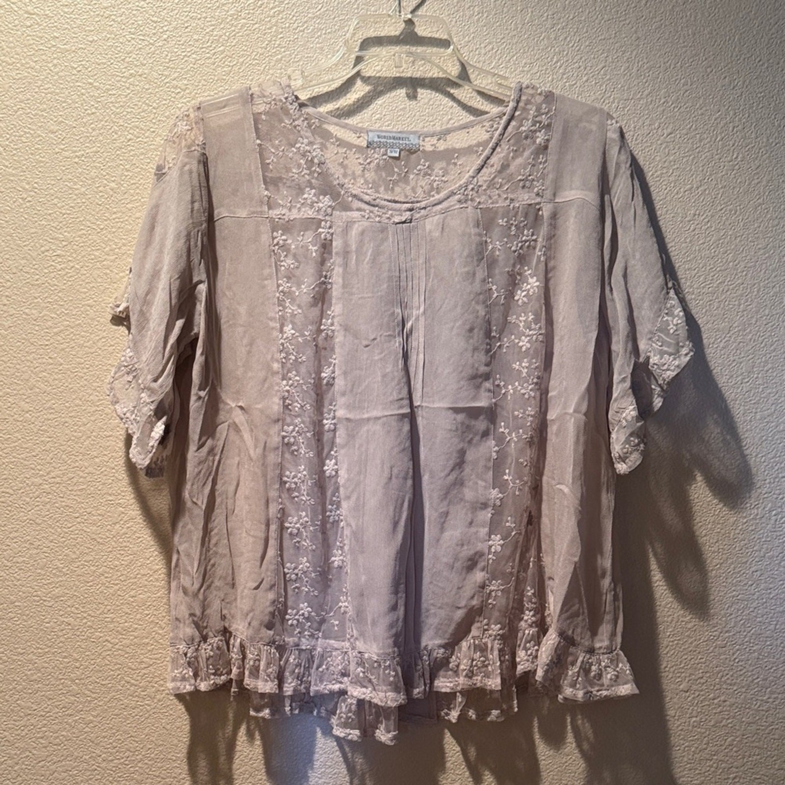 Cost Plus World Market oversized Cream Floral Lace Blouse