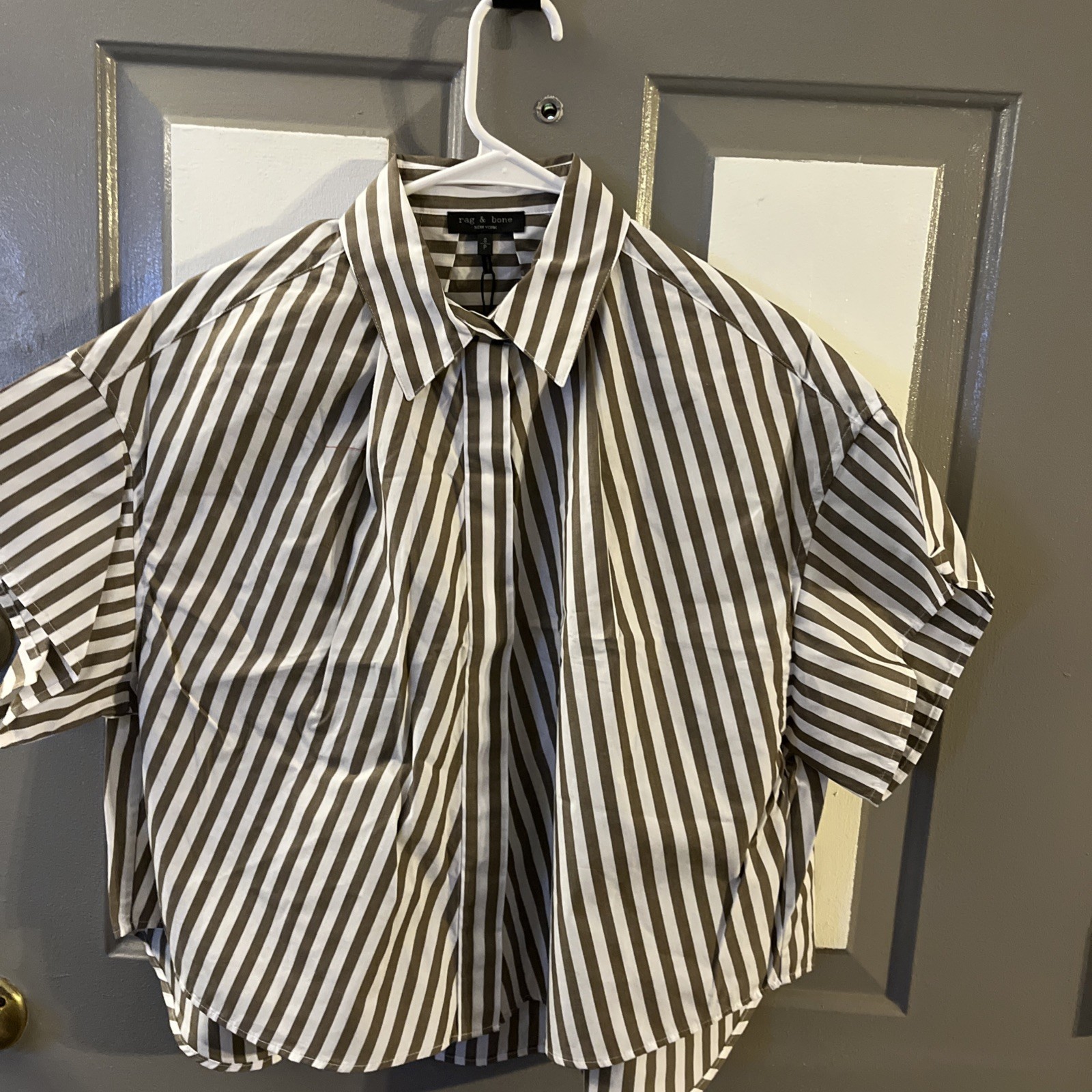 RAG & BONE MAURA COTTON POPLIN SS Brown/White Striped SHIRT SMALL. NWT