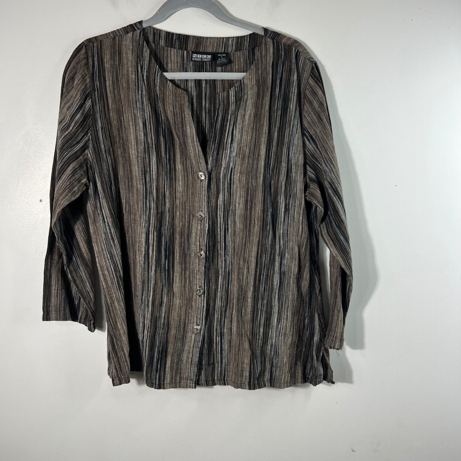 NTCO Nomadic Traders Striped Linen Tunic 3/4 Sleeve Brown Black L
