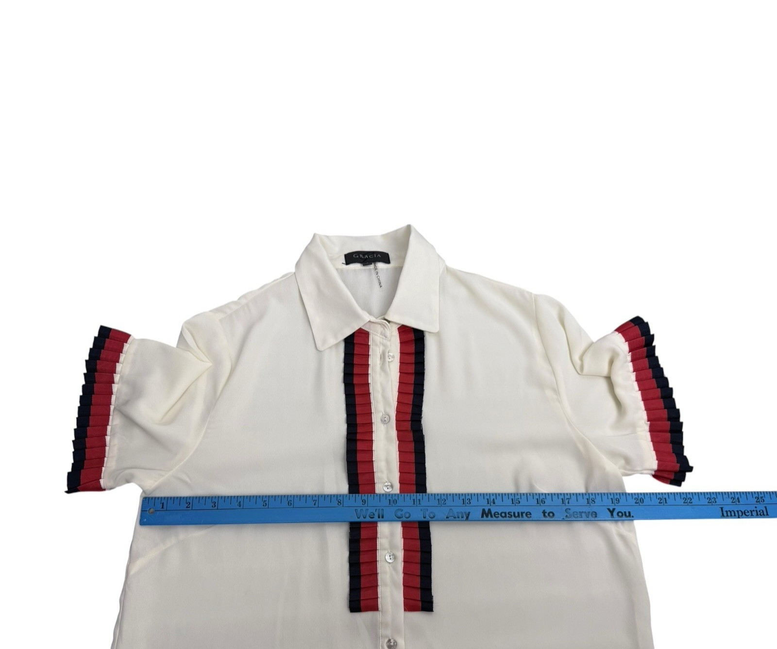 Gracia Blouse Size L Top Cream Pleated Ribbon Trim Blue Red