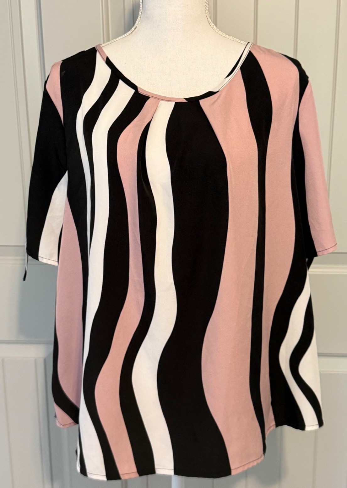 Shein 2XL Womens Top Black Pink Stripes 3/4 Slit Sleeve with Ties