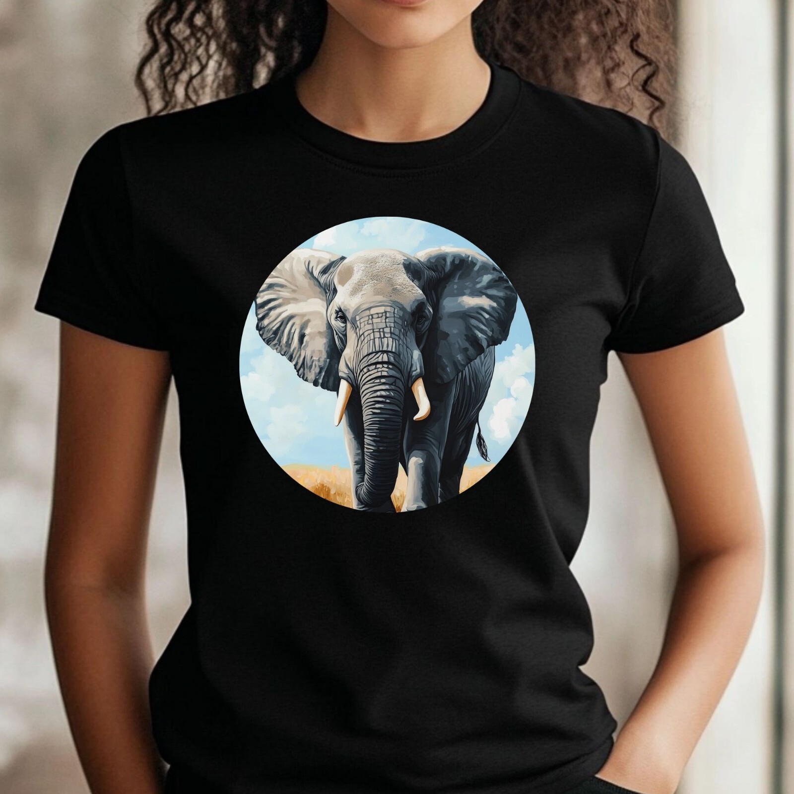 Women Elephant Portrait Motif Cotton T-Shirt Size XS to 3XL