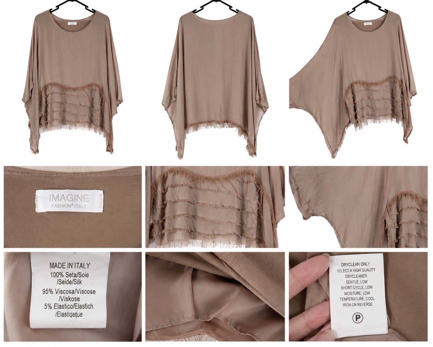 Imagine Fashion Italy 100% Silk Layered Fringe Top Taupe One Size Made in Italy